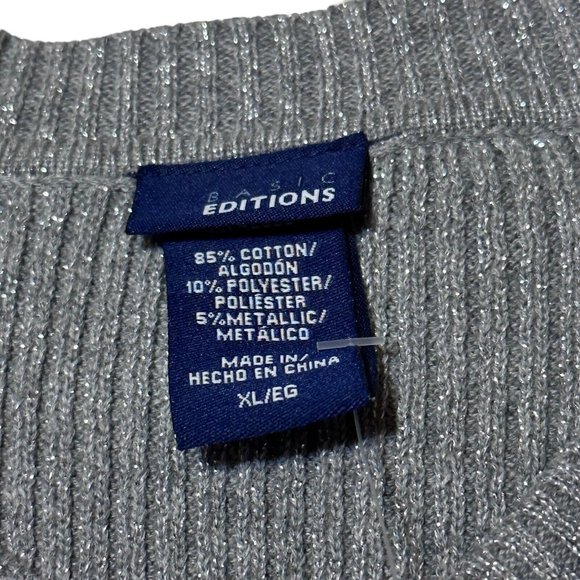 Basic Editions Womens XL Gray Sparkle V Neck Pullover Sweater - Picture 3 of 4
